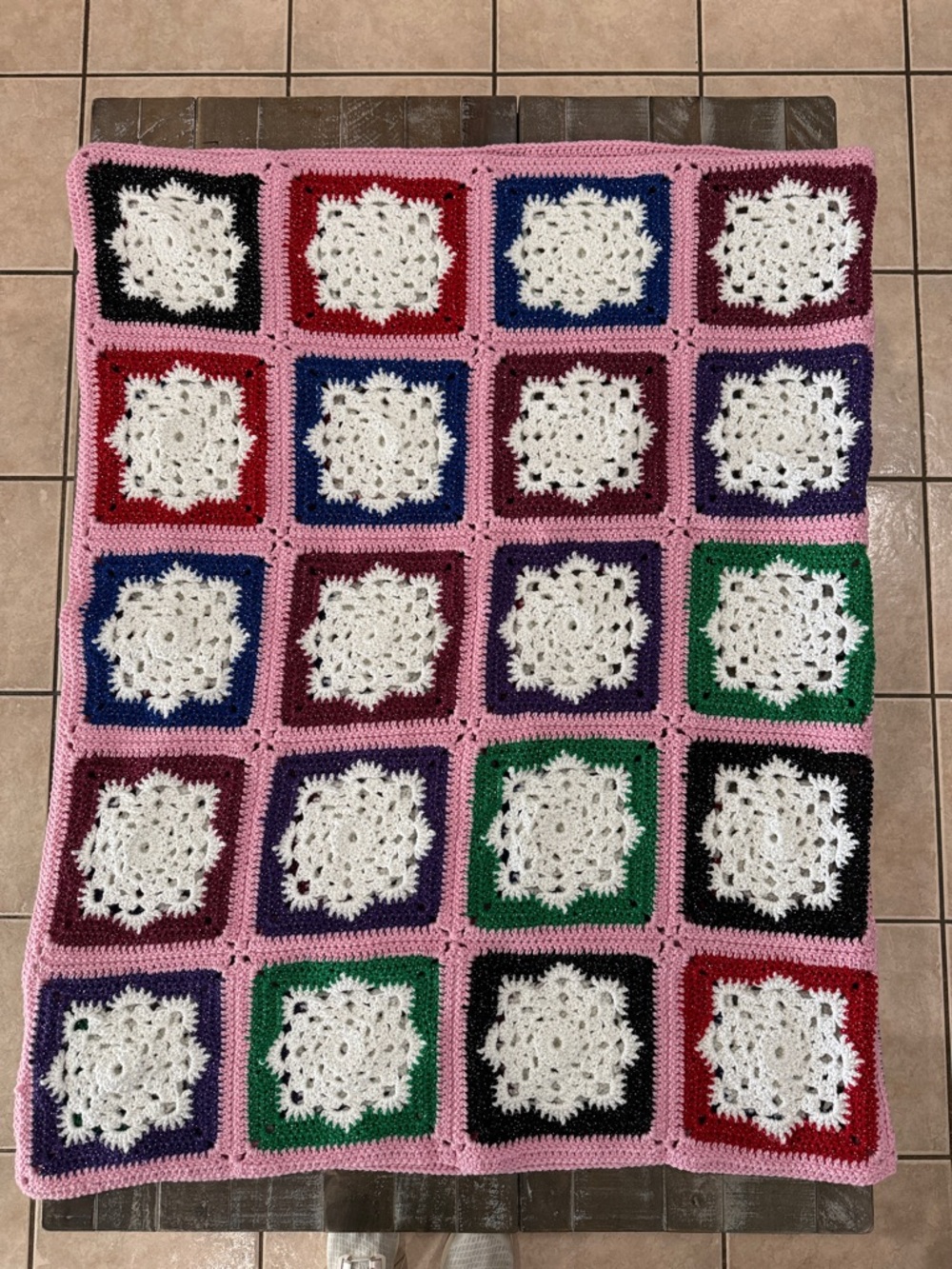 Vintage Handmade Crochet Snowflake Granny Square Blanket 70x43 with Shimmer
